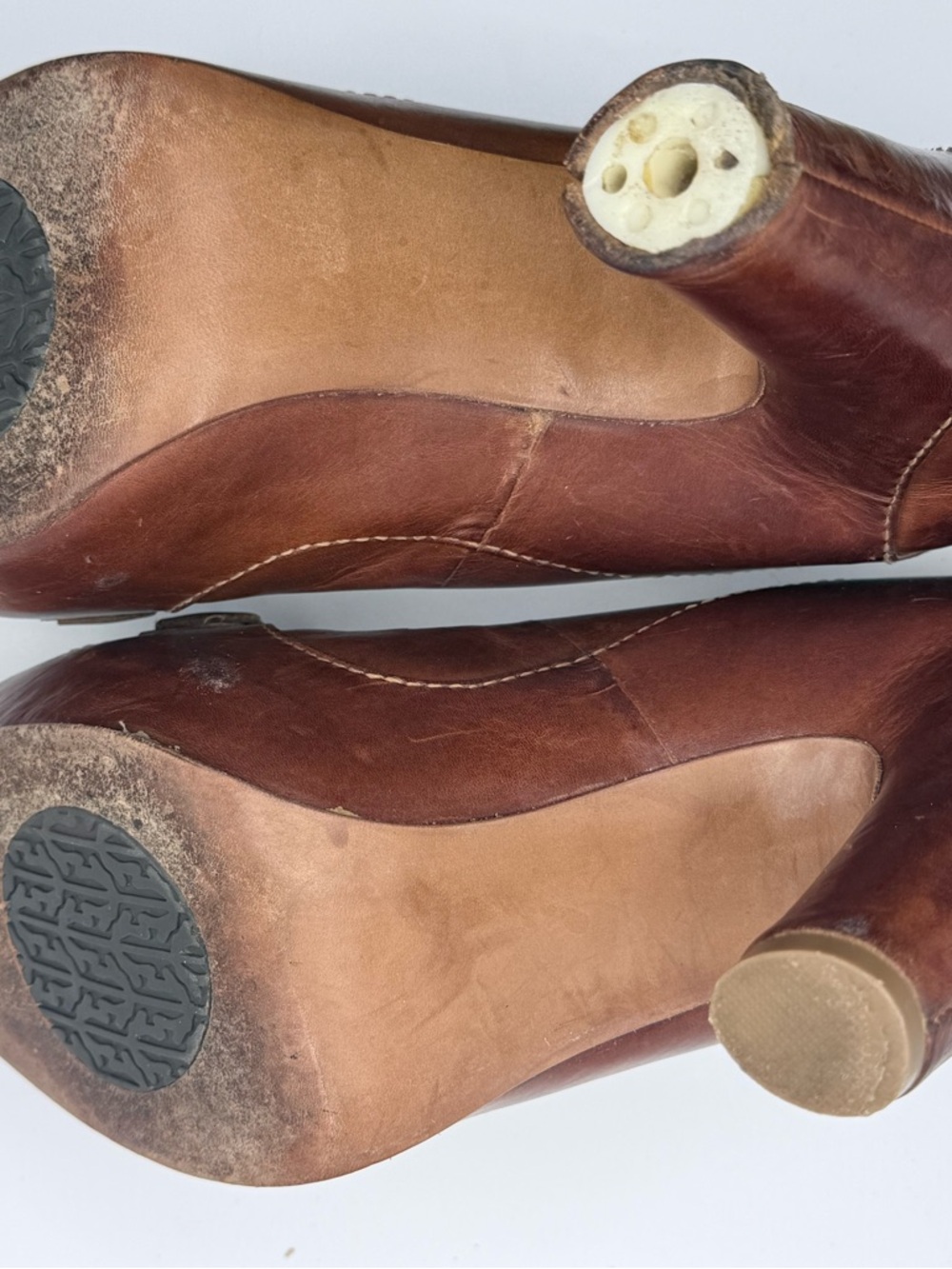 Frye Liv Double Buckle Cognac vintage Leather Block Pump 7.5/8 NEEDS TIP REPAIR - Picture 5 of 16